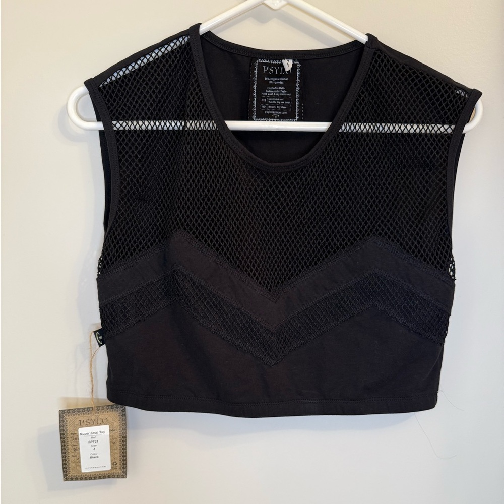 PSYLO super crop top Black Mesh Sleeveless 100% organic cotton SZ 4 MSRP $54 - Picture 3 of 10